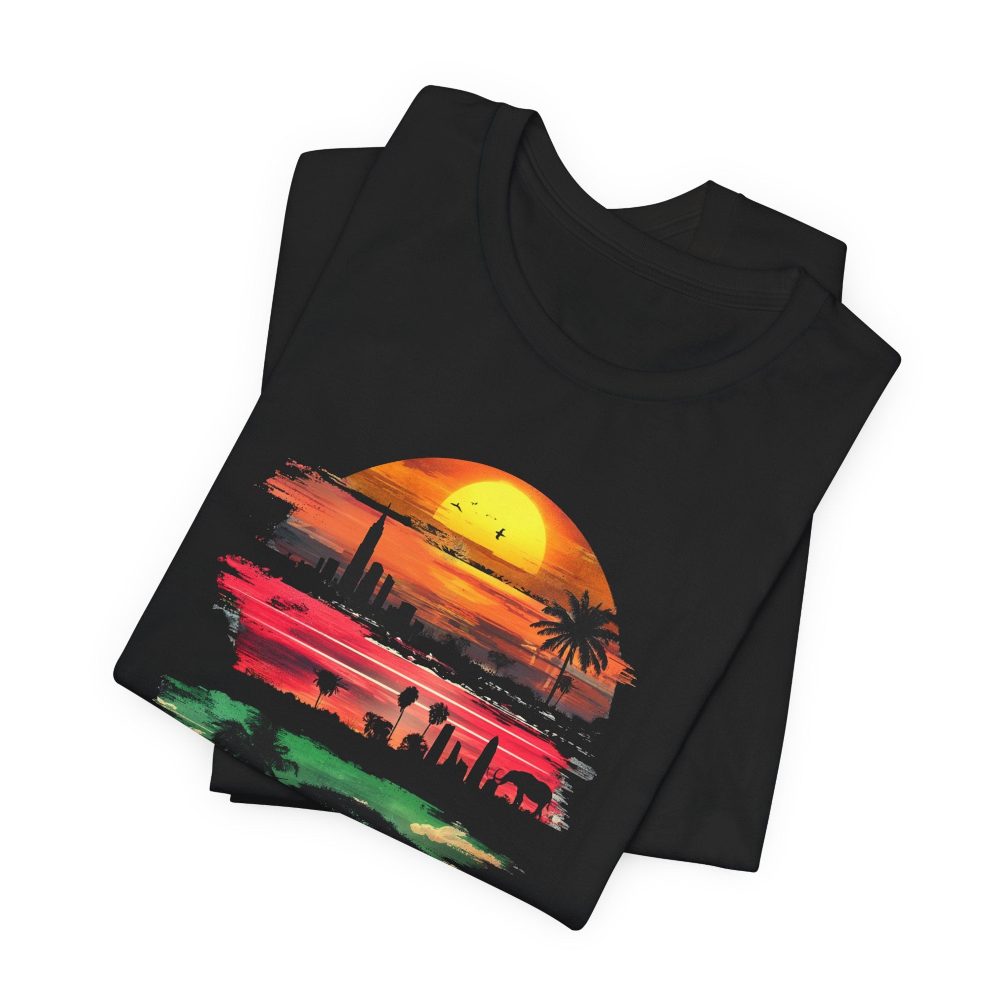 T-shirt Safari au coucher du soleil africain — Motif silhouette de la faune et de la savane