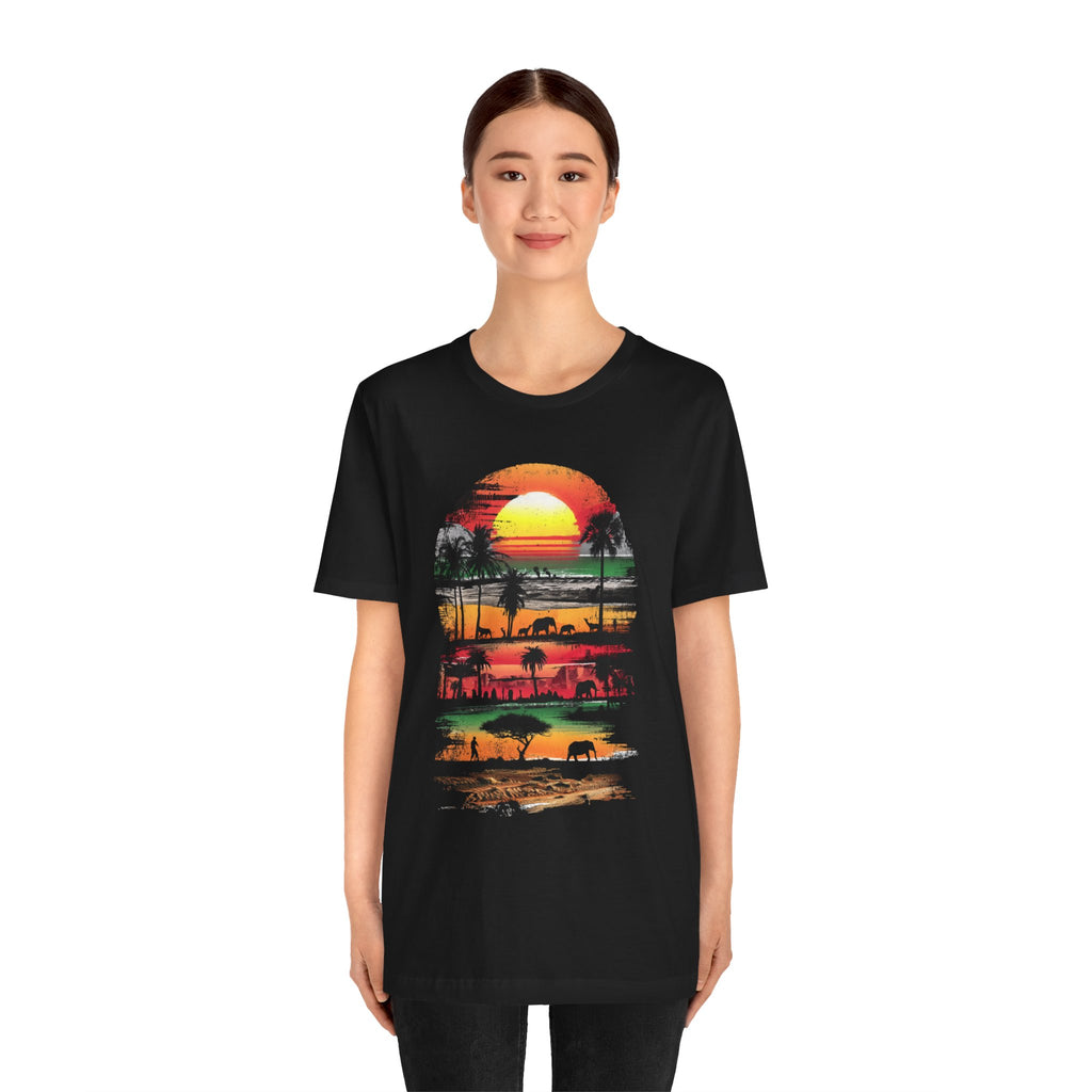 Sunset Safari Tee — Vintage Tropical Elephant & Palm Graphic