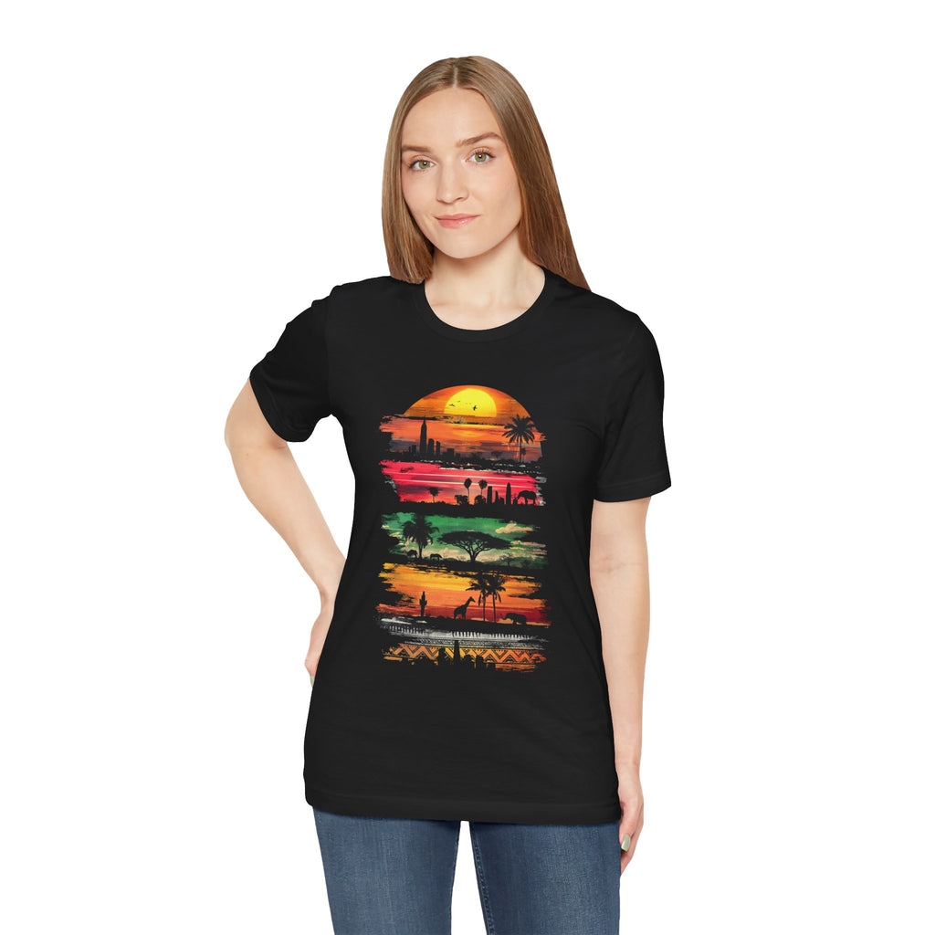 T-shirt Safari au coucher du soleil africain — Motif silhouette de la faune et de la savane