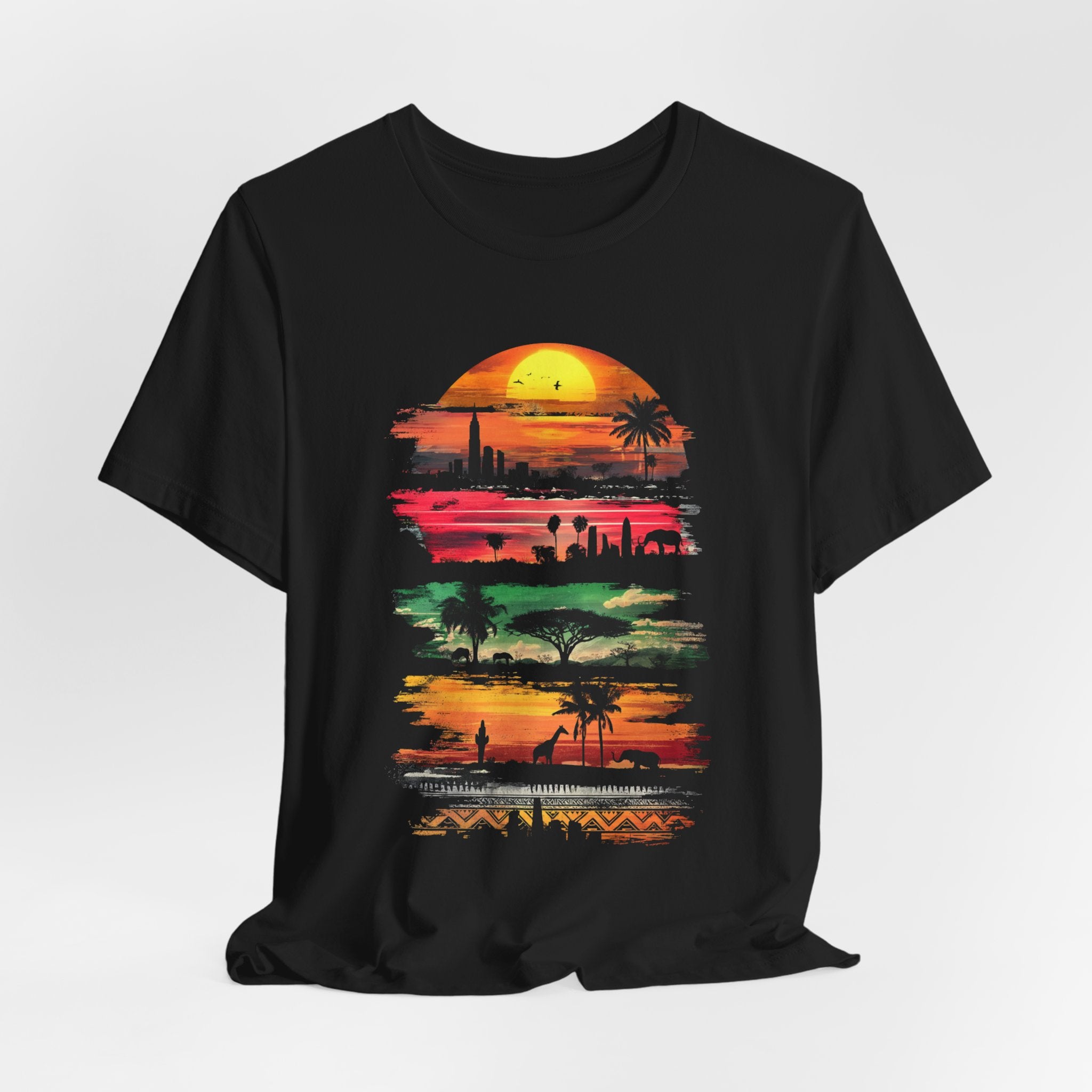 T-shirt Safari au coucher du soleil africain — Motif silhouette de la faune et de la savane