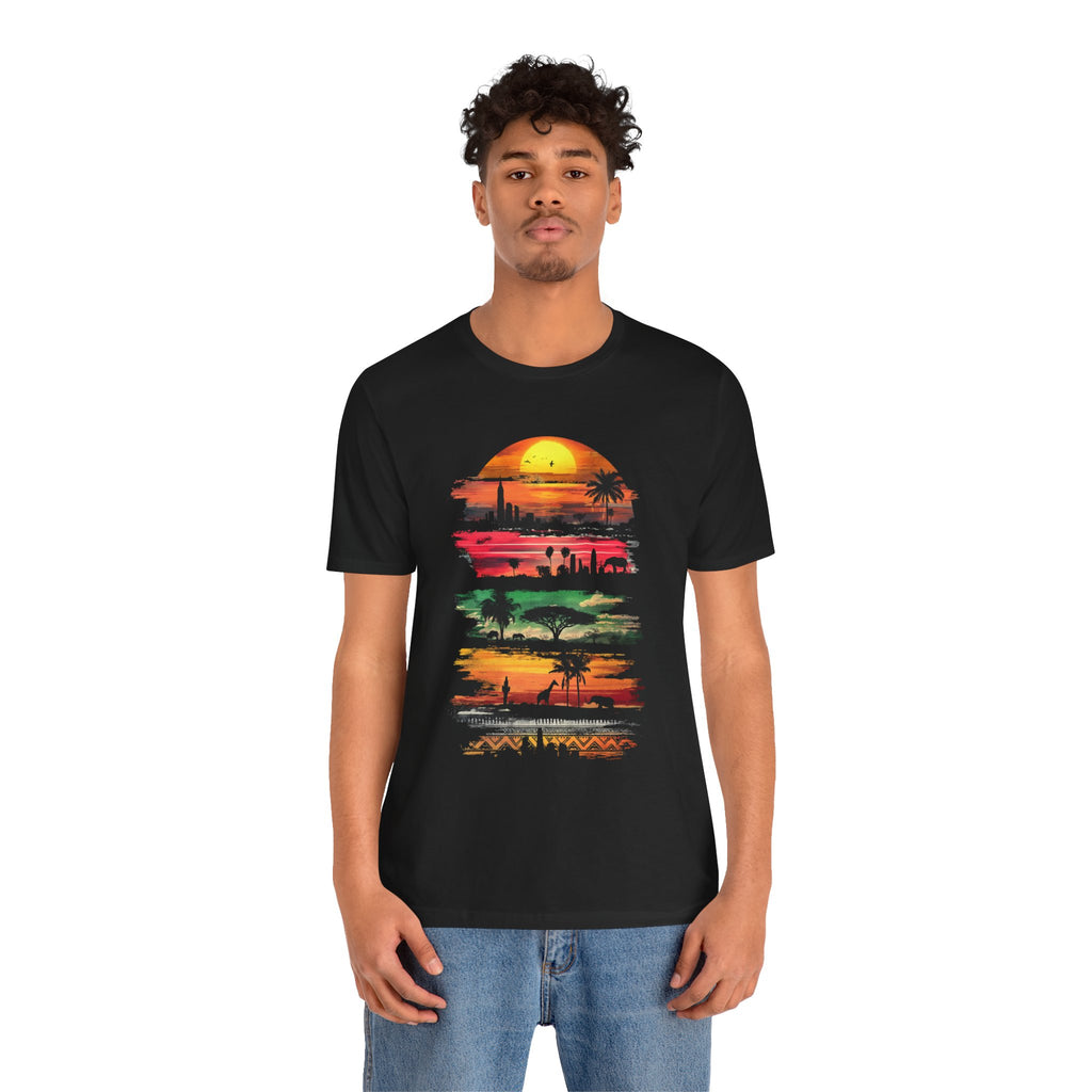 T-shirt Safari au coucher du soleil africain — Motif silhouette de la faune et de la savane