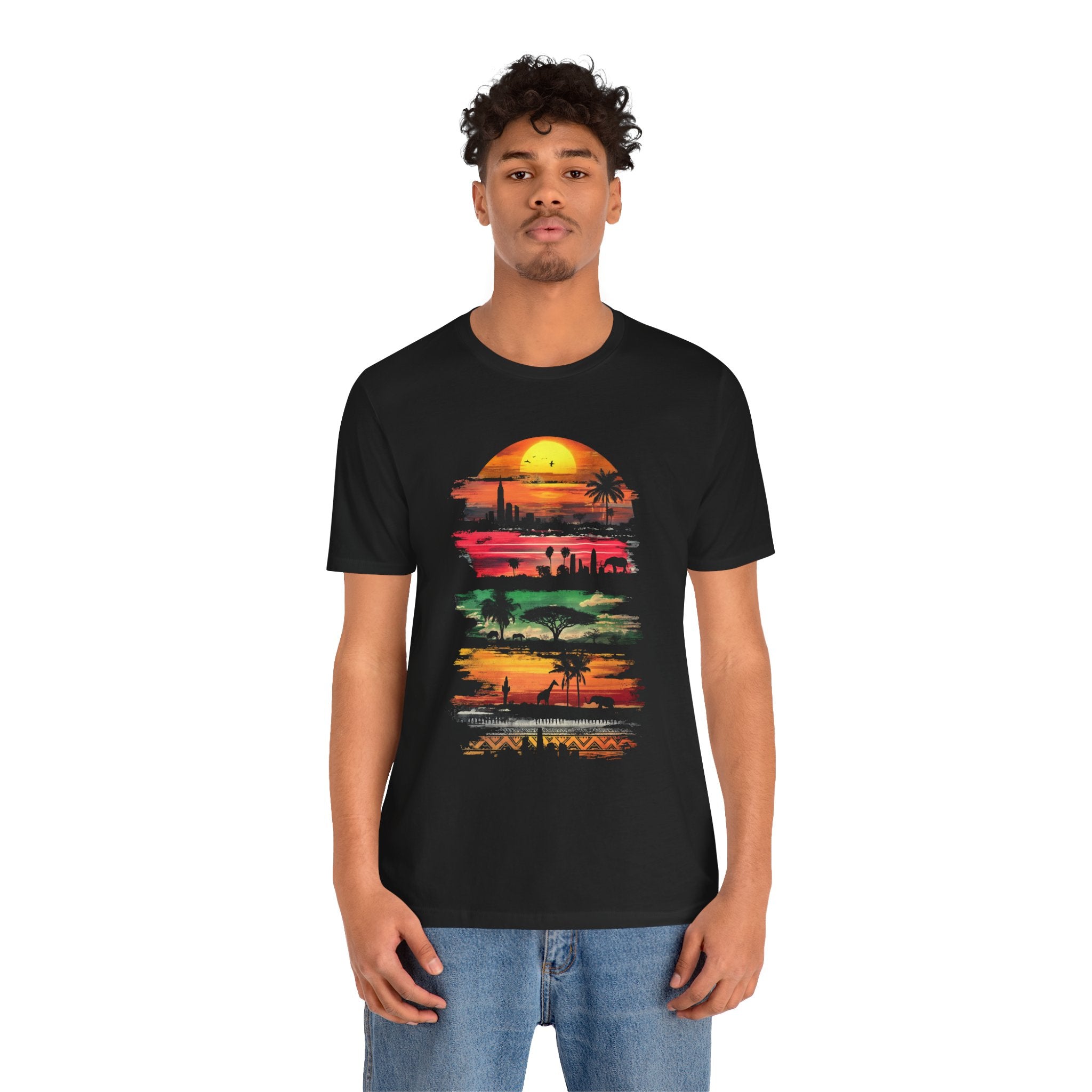 T-shirt Safari au coucher du soleil africain — Motif silhouette de la faune et de la savane