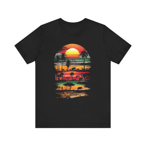 Sunset Safari Tee — Vintage Tropical Elephant & Palm Graphic