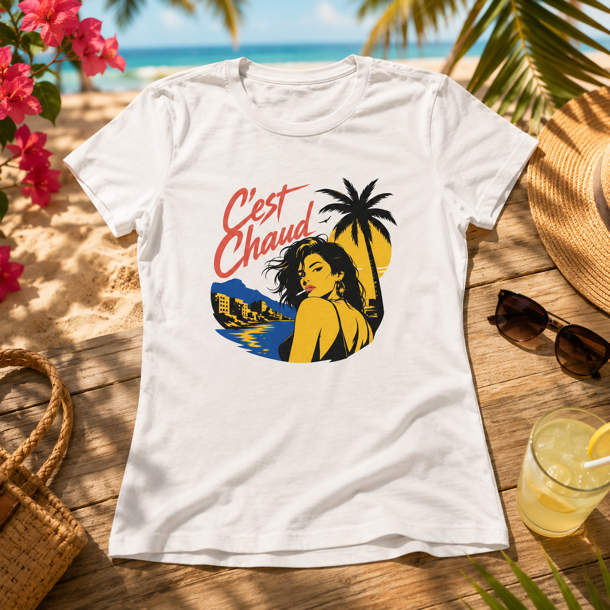 T-shirt Femme – « C'est Chaud » avec Graphique de Plage Rétro