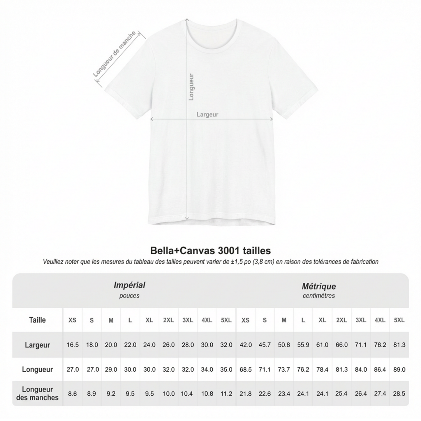 size chart, grandeur mesures