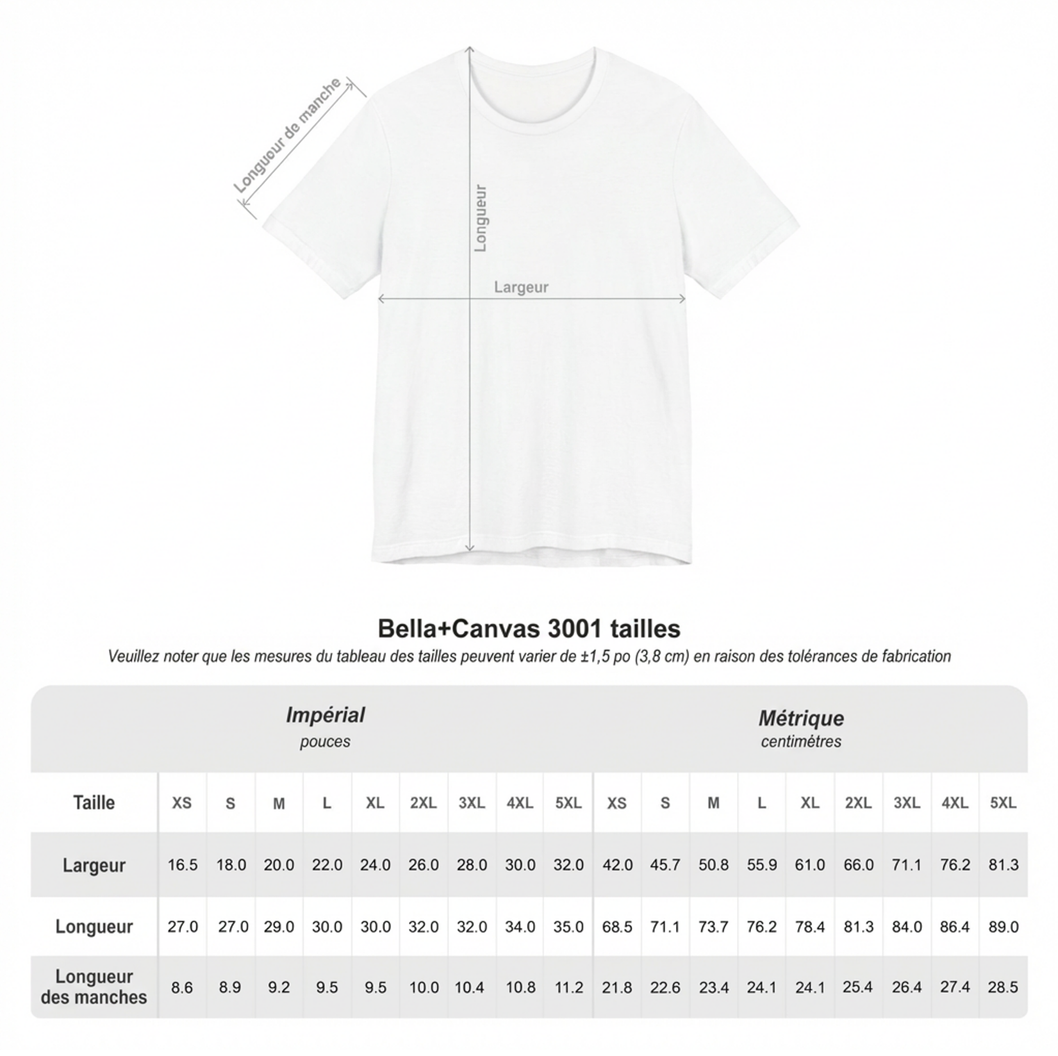 size chart, grandeur mesures
