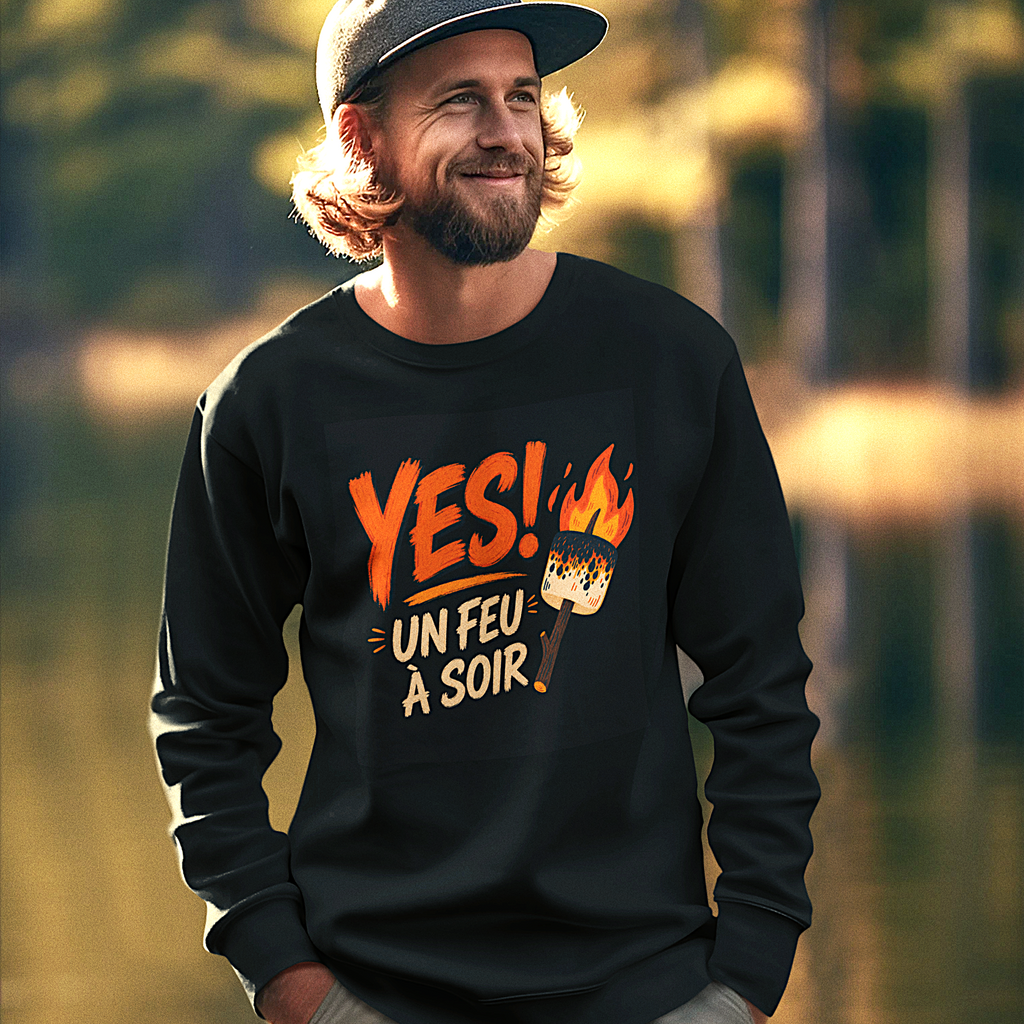 Sweatshirt à col rond – « YES! Un feu à soir » – Guimauve enflammée
